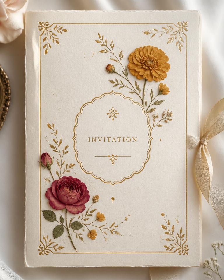Ivory invitation card with gold foil border and pressed flowers